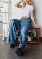 Pleat Wide Leg Denim Jean Pants By Oli & Hali