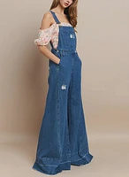 Wide Leg  Distressed Denim Overalls