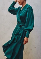 Meet Hazel Satin Ruffled Midi Wrap Dress Deep Teal By Forum