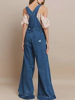 Wide Leg  Distressed Denim Overalls