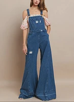 Wide Leg  Distressed Denim Overalls