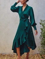 Meet Hazel Satin Ruffled Midi Wrap Dress Deep Teal By Forum