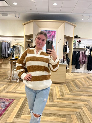 Teddy Bear Sweater - V Neck Striped Camel and Creme