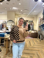 Colorblock Checkered  Crewneck Knit Sweater Khaki LAST ONE!