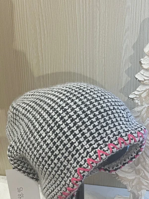 Waffle Beanie Hat In Black, White & Pink