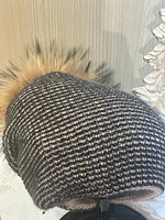 Waffle Beanie Hat With Raccoon Pom Pom