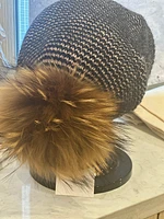 Waffle Beanie Hat With Raccoon Pom Pom