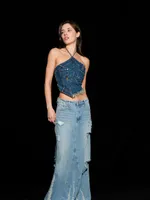 Alaina Distressed Denim Maxi Skirt - Long Jean