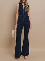 Sleeveless Denim Jean JumpSuit With Belt Dark