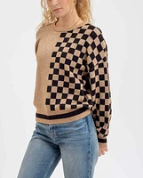 Colorblock Checkered  Crewneck Knit Sweater Khaki LAST ONE!