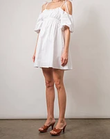 Empire-Waist Cold-Shoulder White Mini Baby Doll Dress