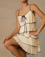 Tiered Plisse Strapless Mini Dress With Front Tie: Cream