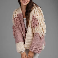 Chunky Bubble Sleeve Cardigan - Two Tone Fringe Sweater by SAACHI