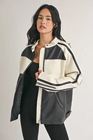 Faux Leather Moto Jacket -  Ivory/Black