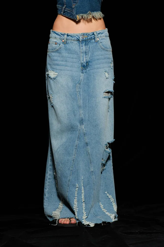 Alaina Distressed Denim Maxi Skirt - Long Jean