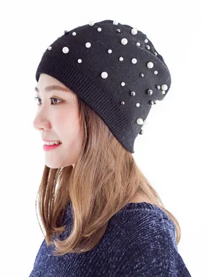 Knit Hat - Black Imitation Pearl Cashmere-Blend ONLY 2 LEFT!