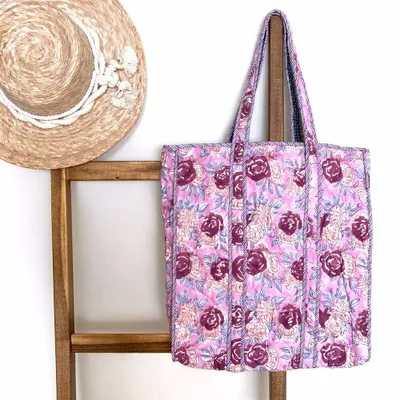 Reversible Quilted Block Printed Market Bag Pink & Blue