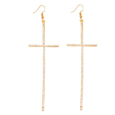 Pave Rhinestone Gold Cross Drop Earrings: Color / 4.25 inches / Gold