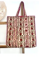 Reversible Quilted Block Printed Bohemian Market Bag Red, Pink & Tan