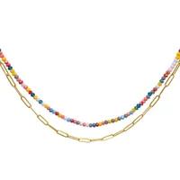 Multi Color Bead and Paper Clip Chain Double Necklace gold