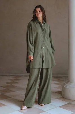 Calin Long Sleeve Oversized Linen Shirt - Khaki