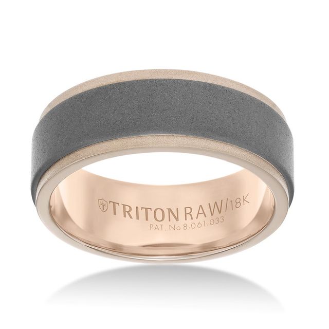 Triton Men's Rose Tungsten Carbide Flat Comfort Fit Black Diamond Band 8MM