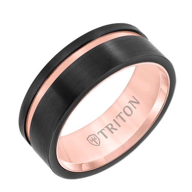 Triton Men's Rose Tungsten Carbide Flat Comfort Fit Black Diamond Band 8MM