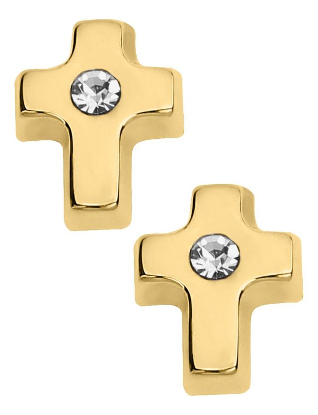 Flower Crystal Cross Baby Earrings in 14k Yellow Gold with Safety Backs