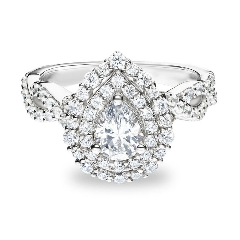 Perla. 1ctw. Pear-Shaped Diamond Halo Engagement Ring in 14K White Gold