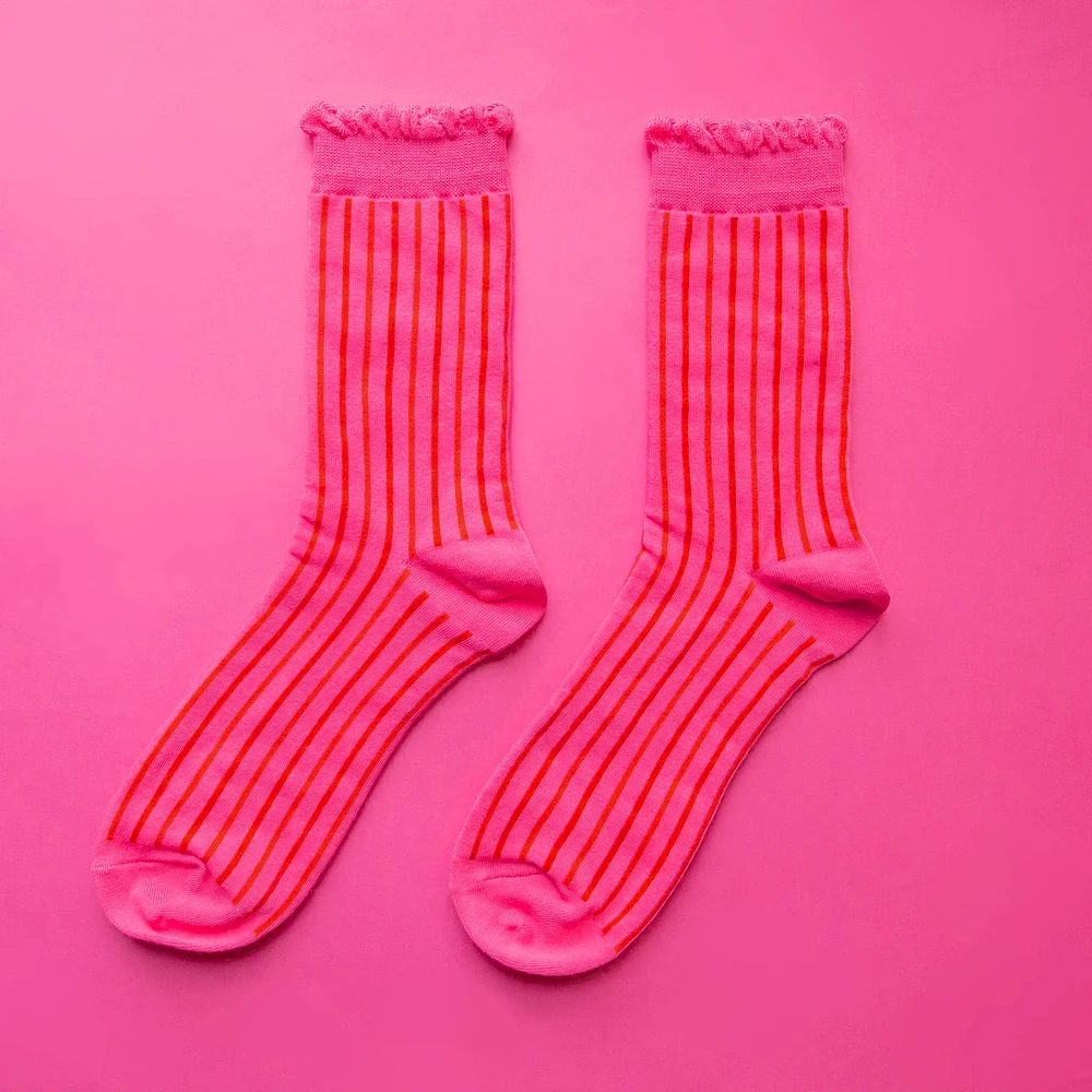 Fuchsia Striped Crew Socks