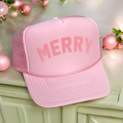 Holiday MERRY Trucker Hat - Pink on Pink