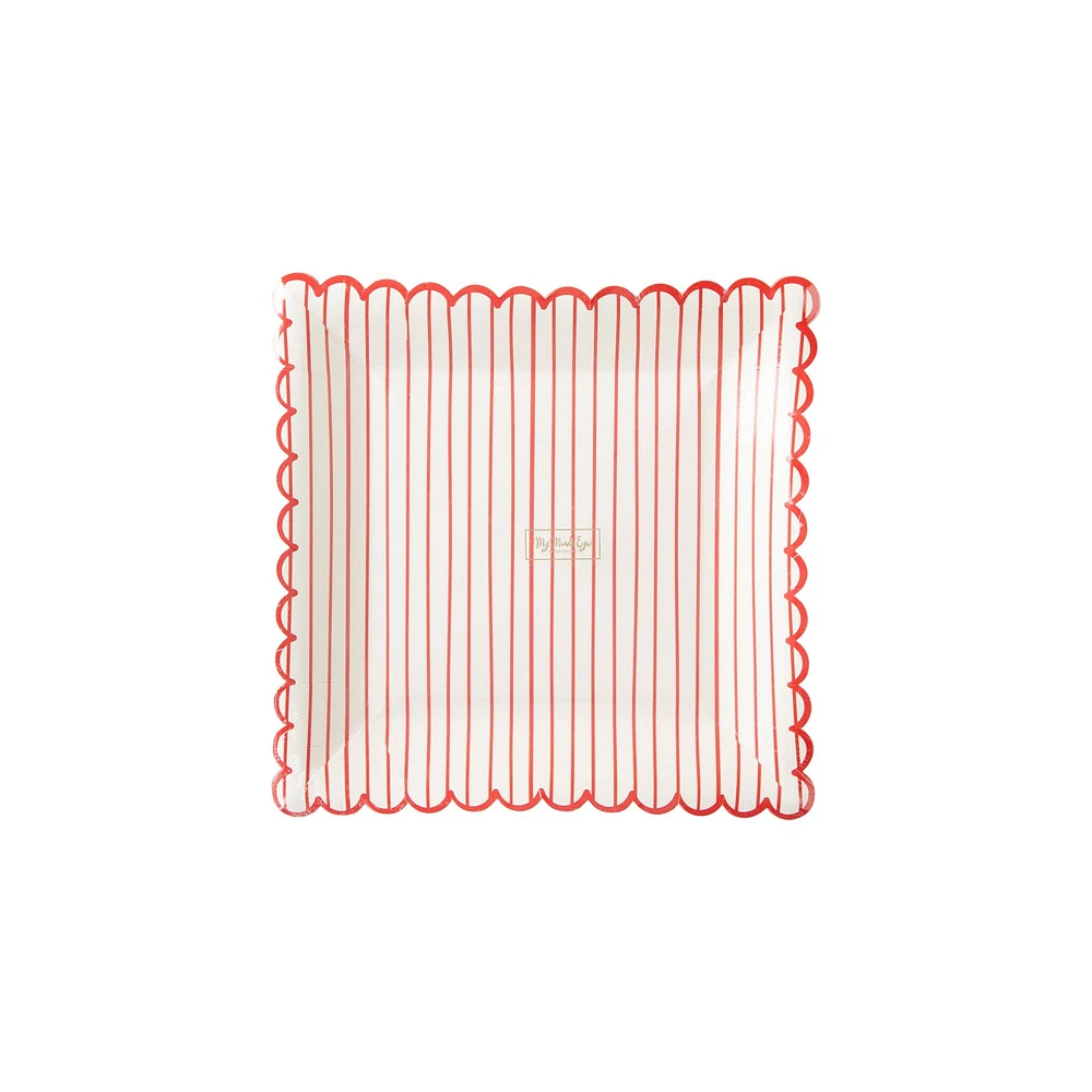 Red Striped Scalloped Plates - 8 ct.