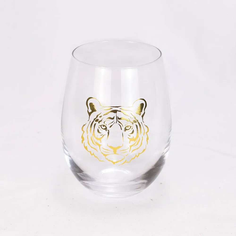 Go Get Em Tiger Wine Glass  Clear/Gold   16oz