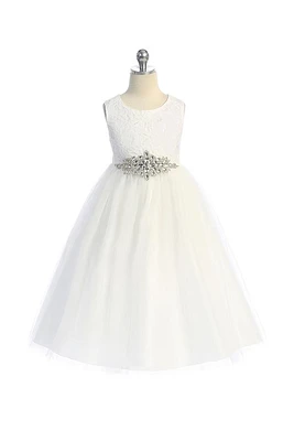 Long Lace Dress w/ Diamond Shape Rhinestone Trim