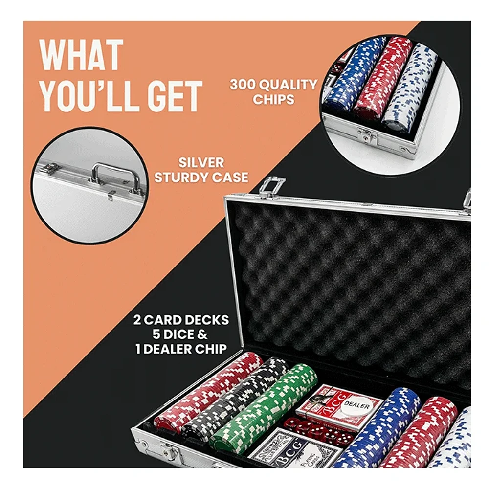 300 Piece Poker Set Casino Style Poker Chips Set with a Aluminum Finish Case