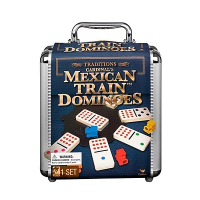 Mexican Train Dominoes Set Tile Board Game in Aluminum Carry Case with Colorful Trains