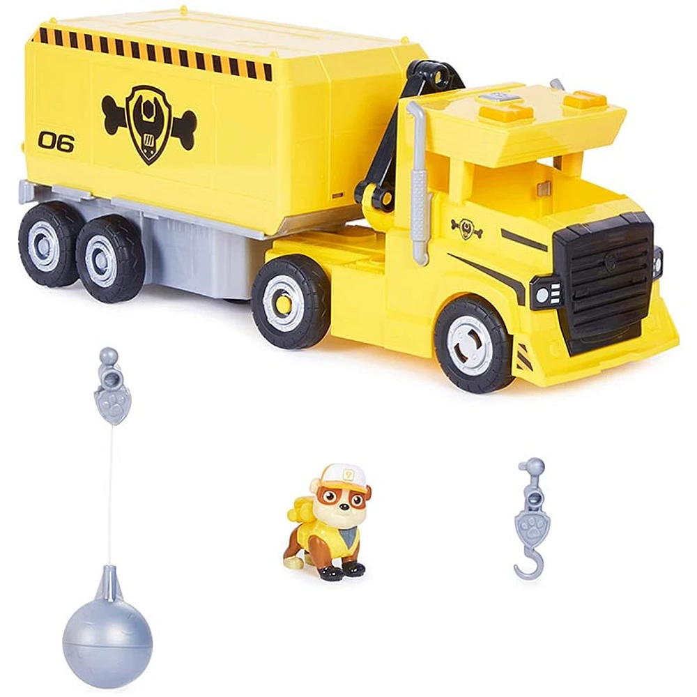 PAW Patrol, Rubble 2 in 1 Transforming X-Treme Truck with Excavator Toy, Crane Toy, Lights and Sounds