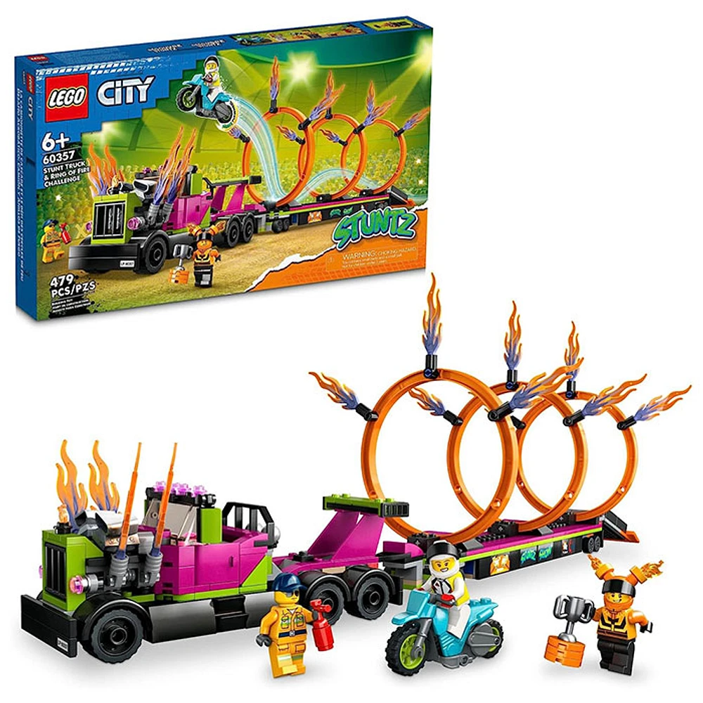 LEGO City Stuntz Stunt Truck and Ring of Fire Challenge with Flywheel-Powered Motorcycle Toy