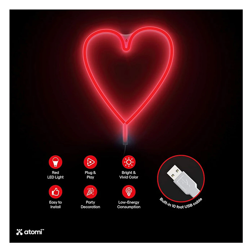 Red Heart Neon LED Light USB Powered