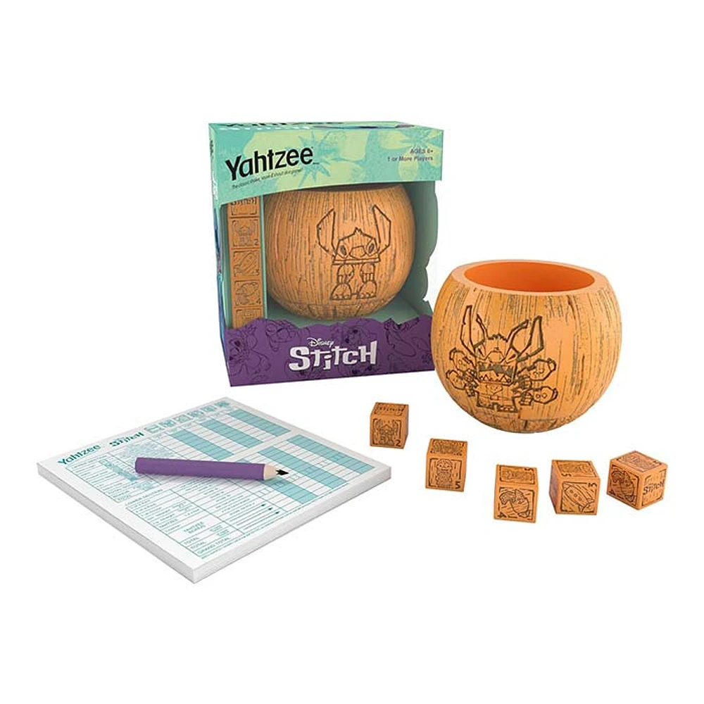 Yahtzee Disney Stitch Classic Dice Game with Tiki Style Dice Cup