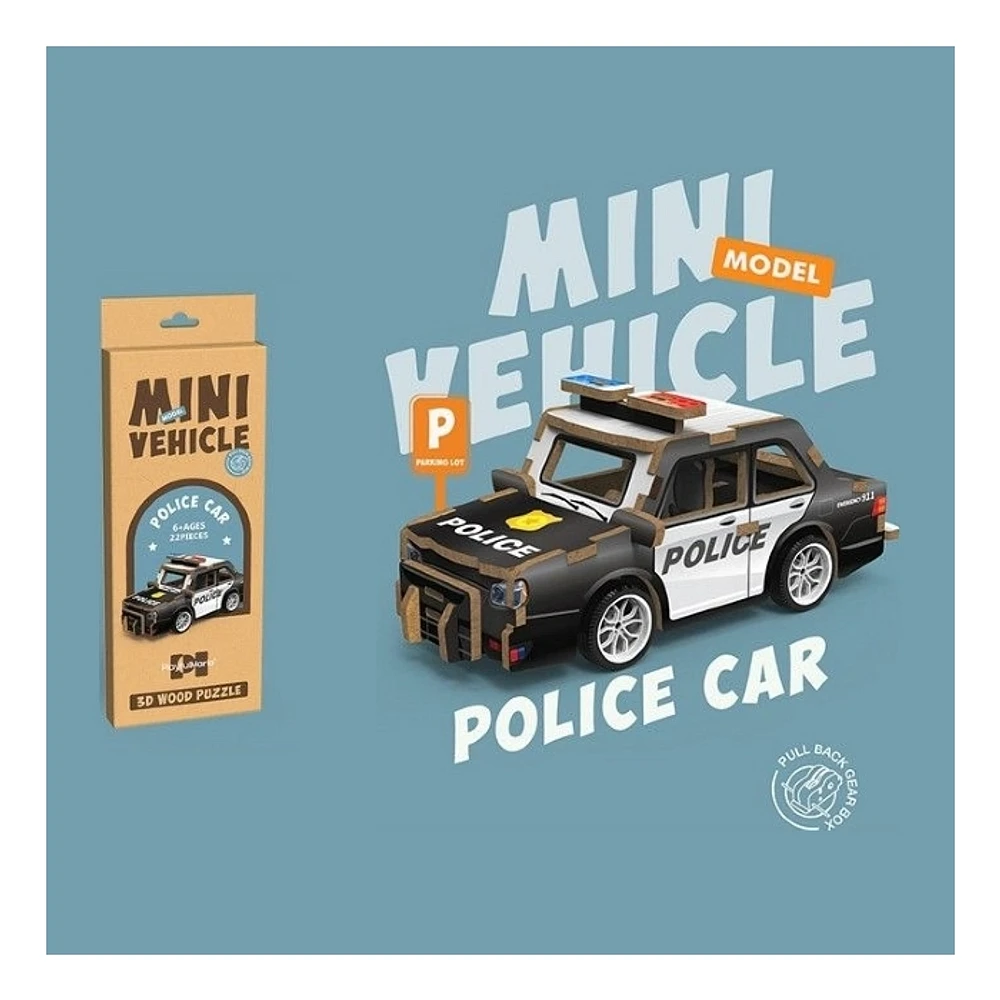 3D Wood Puzzle Police Car with Pull Back 22 Pieces