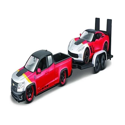 Maisto Chevrolet Colorado ZR2 Pickup Truck/Corvette Z06  with Flatbed Trailer – Red