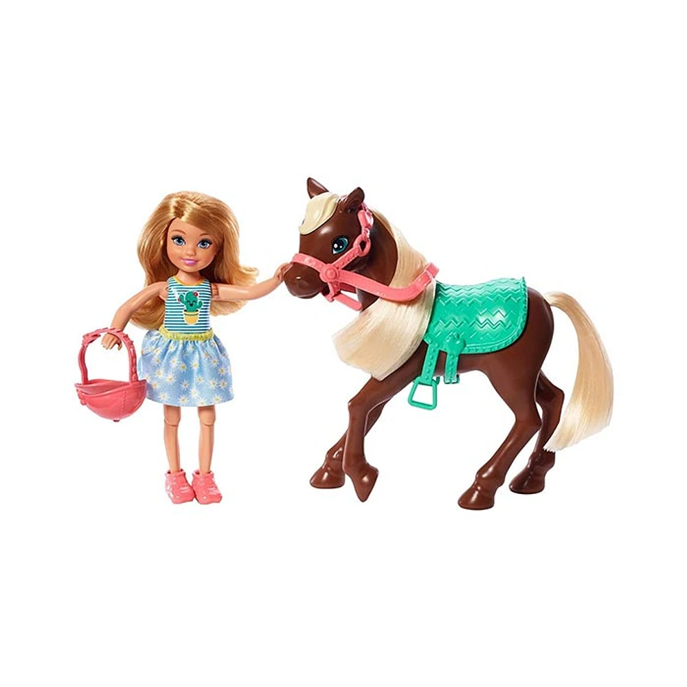 Barbie Club Chelsea Blonde Doll and Brown Pony Riding Play Set