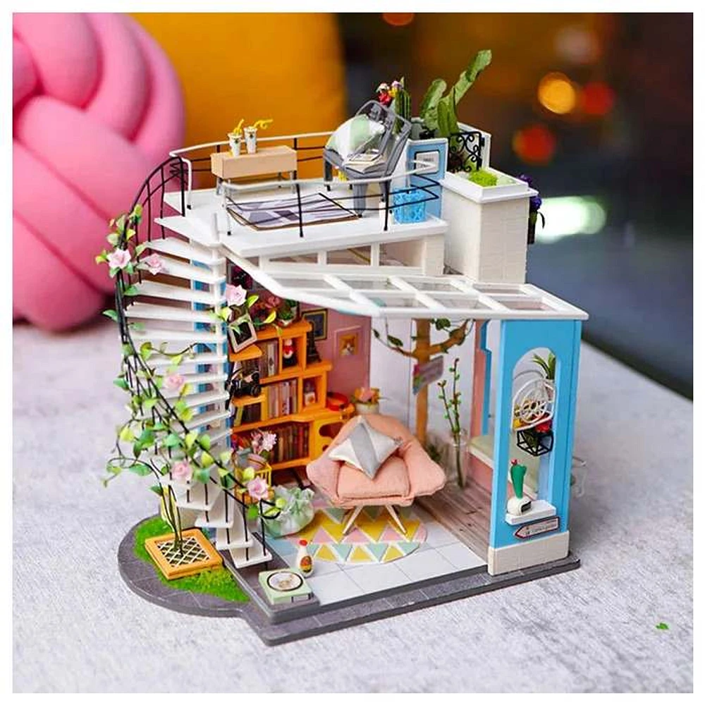 3D Wooden Puzzle Dora’s Loft Miniature Dollhouse Fully Assembled with Display Case