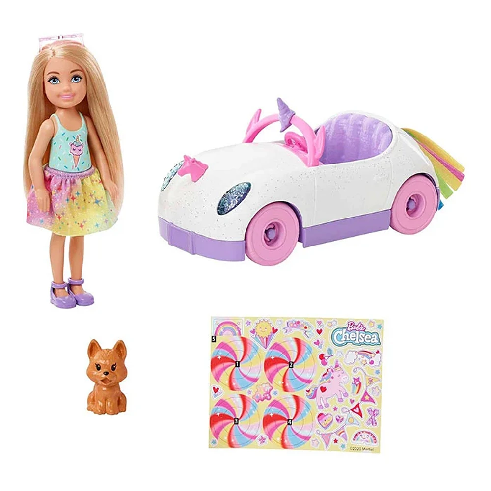 Mattel Barbie Club Chelsea Doll With Rainbow Unicorn Open Car Toy