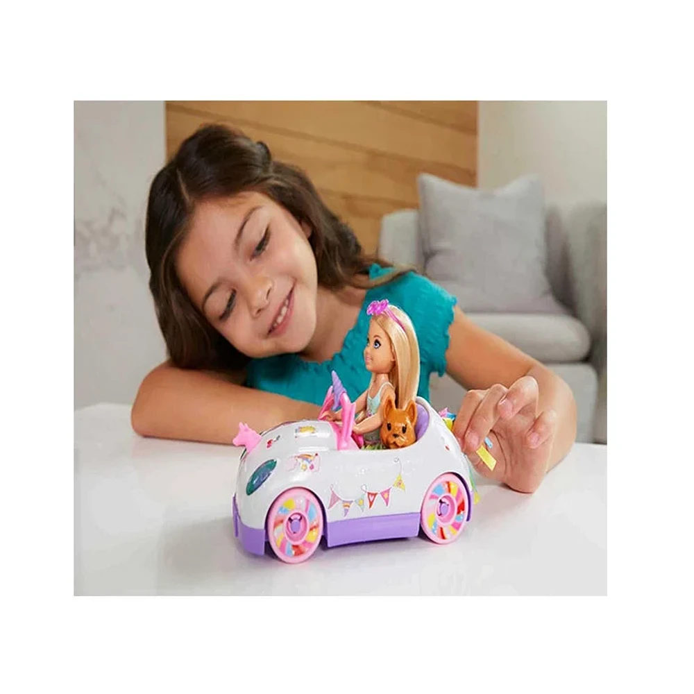 Mattel Barbie Club Chelsea Doll With Rainbow Unicorn Open Car Toy