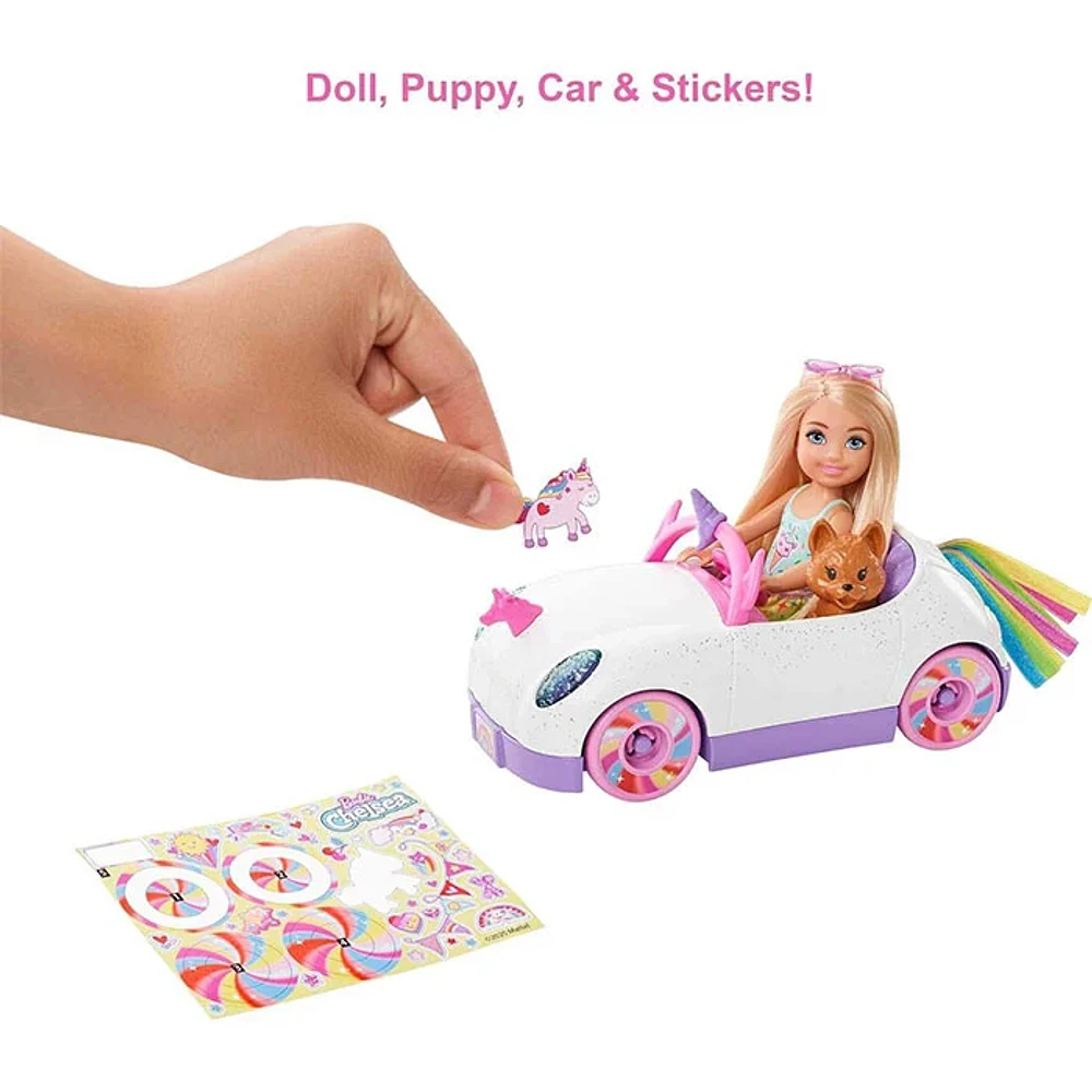 Mattel Barbie Club Chelsea Doll With Rainbow Unicorn Open Car Toy