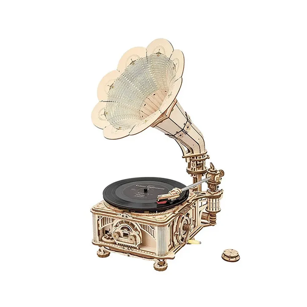 3D Wooden Puzzle Black Gum Gramophone with Display Case