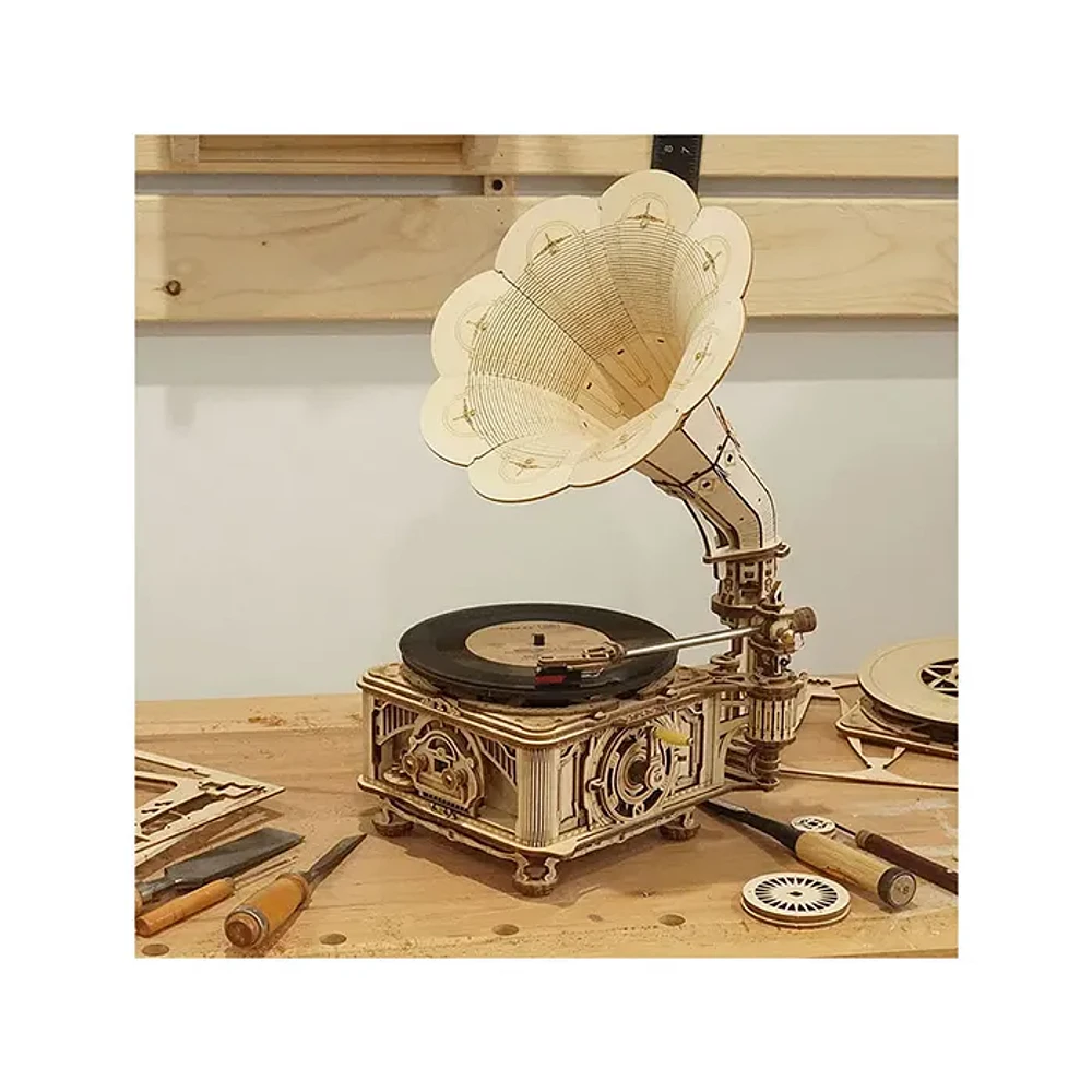 3D Wooden Puzzle Black Gum Gramophone with Display Case