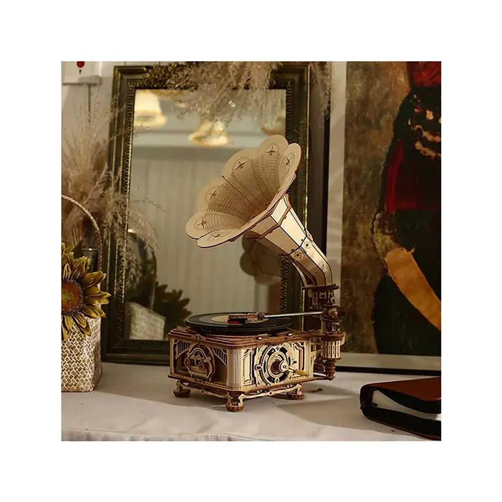 3D Wooden Puzzle Black Gum Gramophone with Display Case